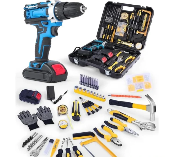 Cordless Electric Drill Bit Set with Screwdriver Utility Tools Vise Pliers Adjustable Wrench Home Repair Kit